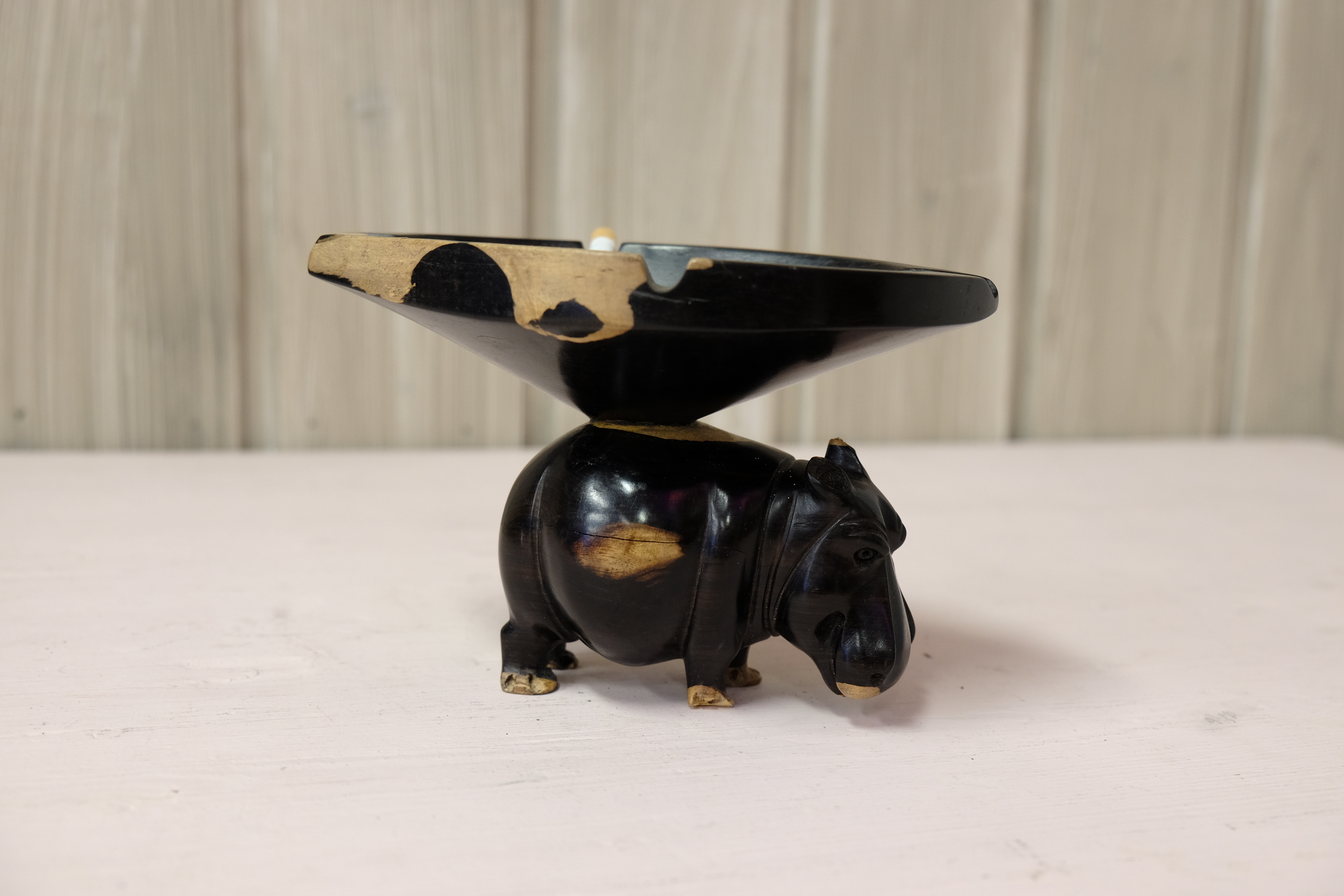 Hippopotamus with ashtray on its back ebony wood